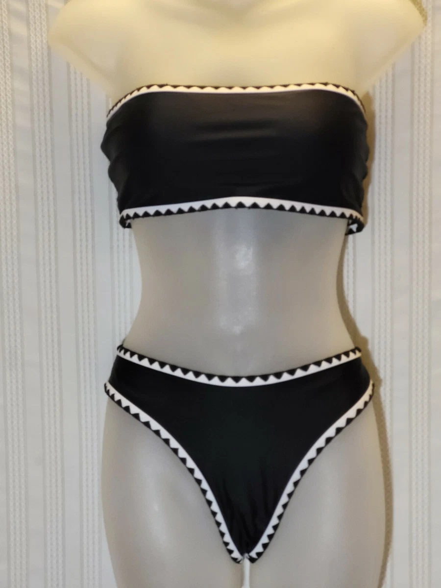 SHEIN Womens Black White Trim Bandeau Swim Top with Bikini Bottoms
