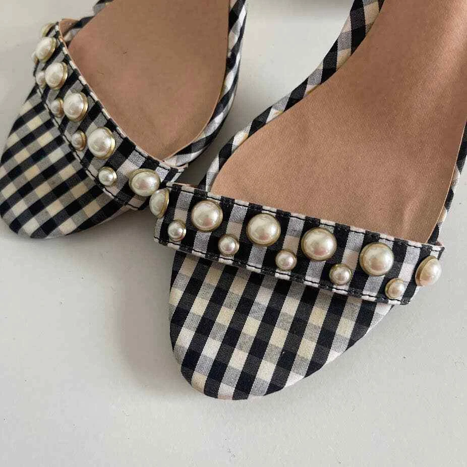 Madden Girl 7.5 Bevy Heeled Sandals Black White Check Pattern