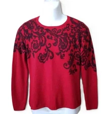 Charter Club 2 Ply Cashmere Sweater Red Black Scroll Pattern Women's Size Medium
