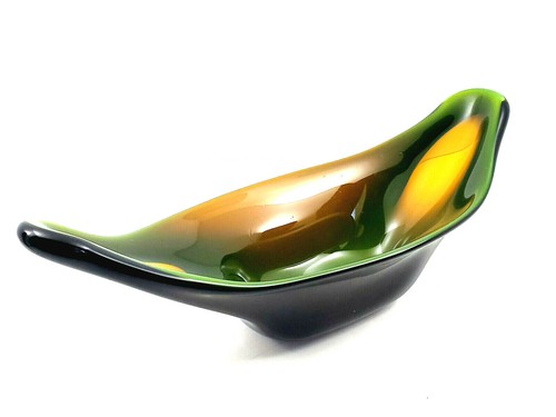 Green With Amber Glass Canoe Shaped Dish - Picture 3 of 9