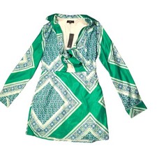 Lulus Traveling Spirit Green Satin Scarf Print Tie Front Mini Dress Women Size L