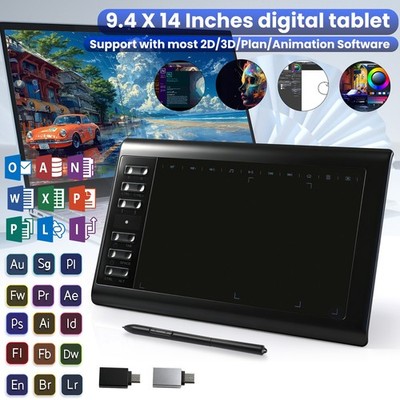 10''x6'' Digital Drawing Tablet HD Screen Graphics tablet with Battery-free Pen