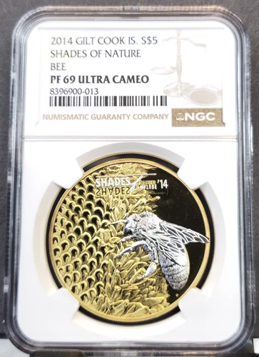 2014 COOK ISLANDS SILVER 2 DOLLARS GILT HONEY BEE NGC PF 69 ULTRA CAMEO RARE