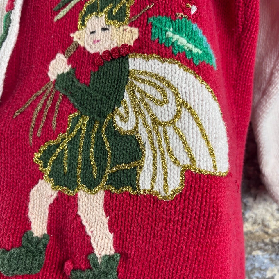 VTG Storybook Knits Ugly Christmas Cardigan Elf Wreath Fair Isle Holiday L - Image 3 of 4