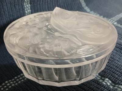 Oval Clear & Frosted~ Glass Trinket Dish~ Embossed Butterfly Floral on Lid Small