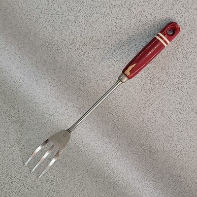 50er 60er Vintage Retro Skyline rot Holzgriff Küchenutensilien Fleischgabel 12,5''