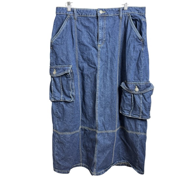 Cotton On Denim Cargo Skirt Midi AU 16 Blue Utility Pockets Streetwear Skater