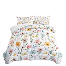 Pink Yellow Floral Comforter Bedding Set Full Size Flower Pattern Bedding Set...