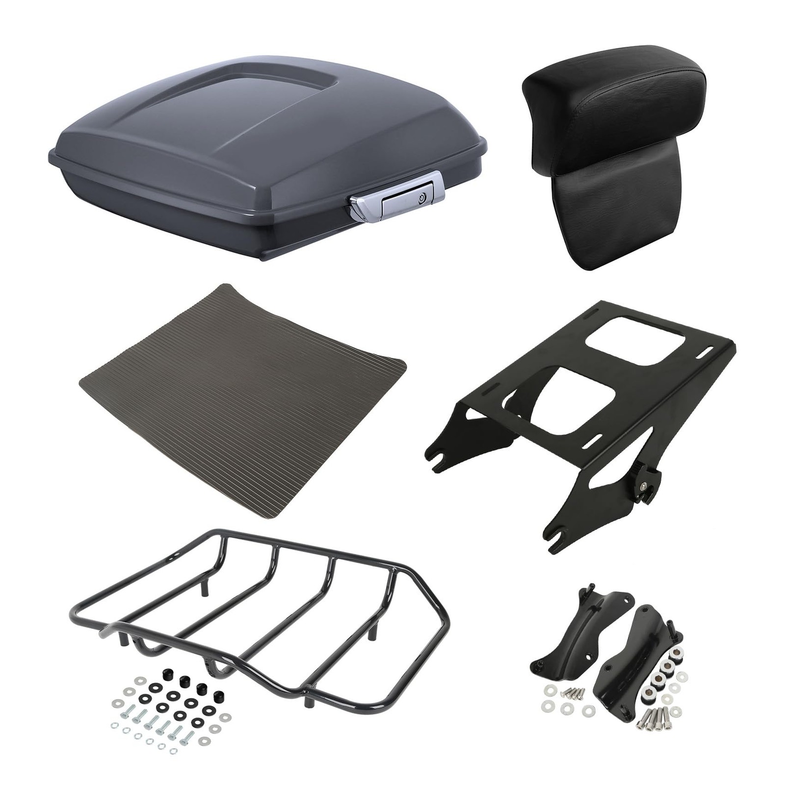5.5 Gray Trunk Luggage w/ Backrest Pad & Rack Mounting Kit for Touring 2014+