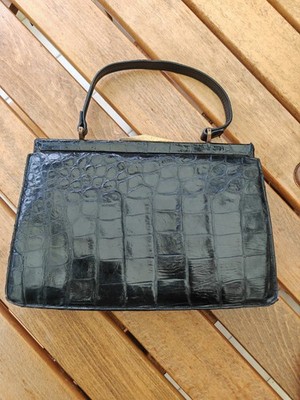 alte Handtasche Leder Kroko-Art Alligator schwarz Luxus Vintage, 50 sehr guter Zustand