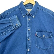 VTG Levi's Red Tab Mens Denim Button Up Shirt Long Sleeve Blue SZ L Distressed