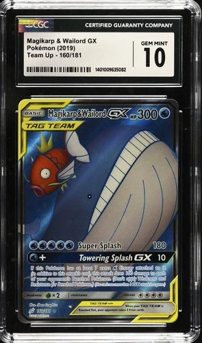 Pokémon Magikarp & Wailord GX #160, Sun & Moon Team-Up CGC 10!!! (Low Pop 45)