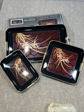 NOS VTD 80s 3 Piece Black Lacquered Tray Set with Floral Design Made in Japan