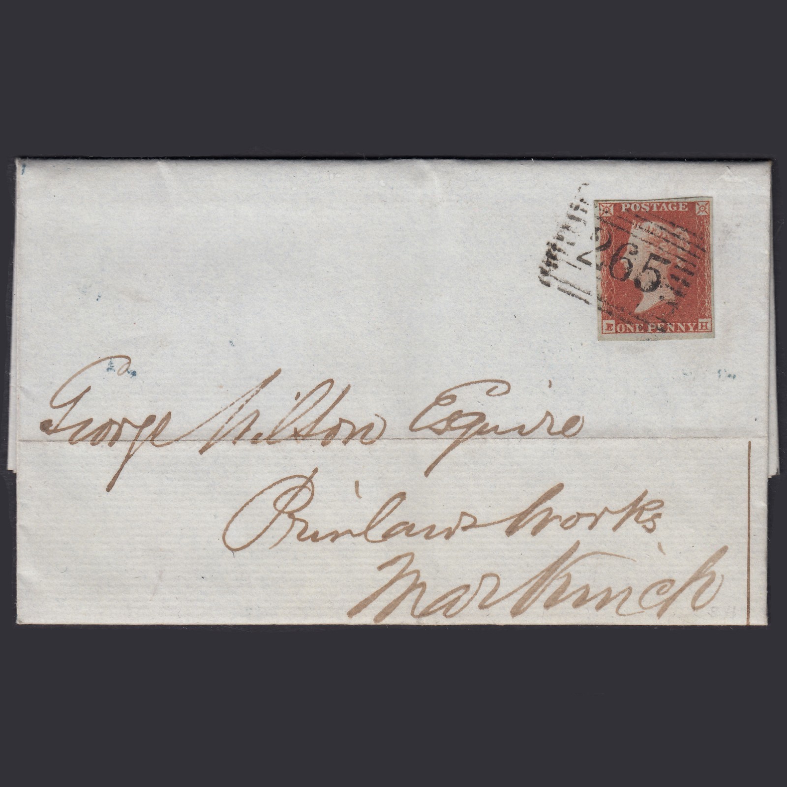 AB21_05 GB QV 1850 1d Pl 97 SG8-B1(1) EH VFU 4M Newburgh Leslie Prinlaws Entire