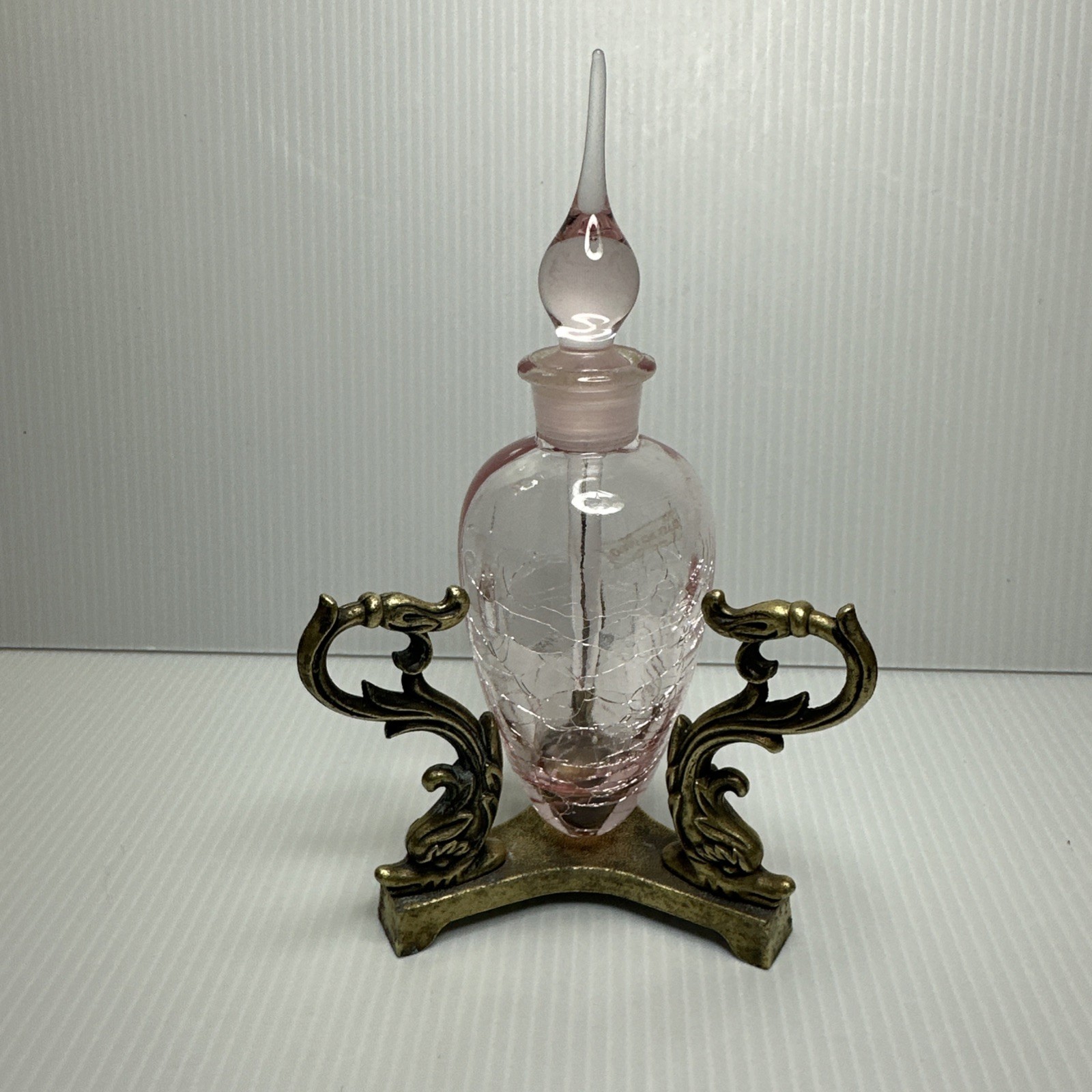 Vtg Pink Crackle Glass Perfume Bottle W/ Stopper And Metal S