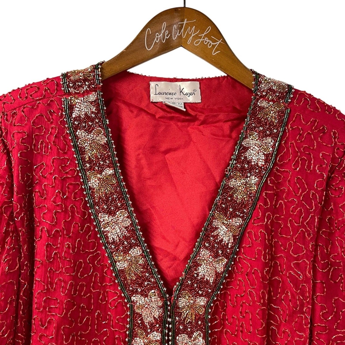 Laurence Kazar New York Red Beaded Jacket Christmas Bows 1X Silk View 3