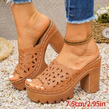 Women Floral Hollow Block Heel Mules Open Toe Platform Summer Slide Sandals