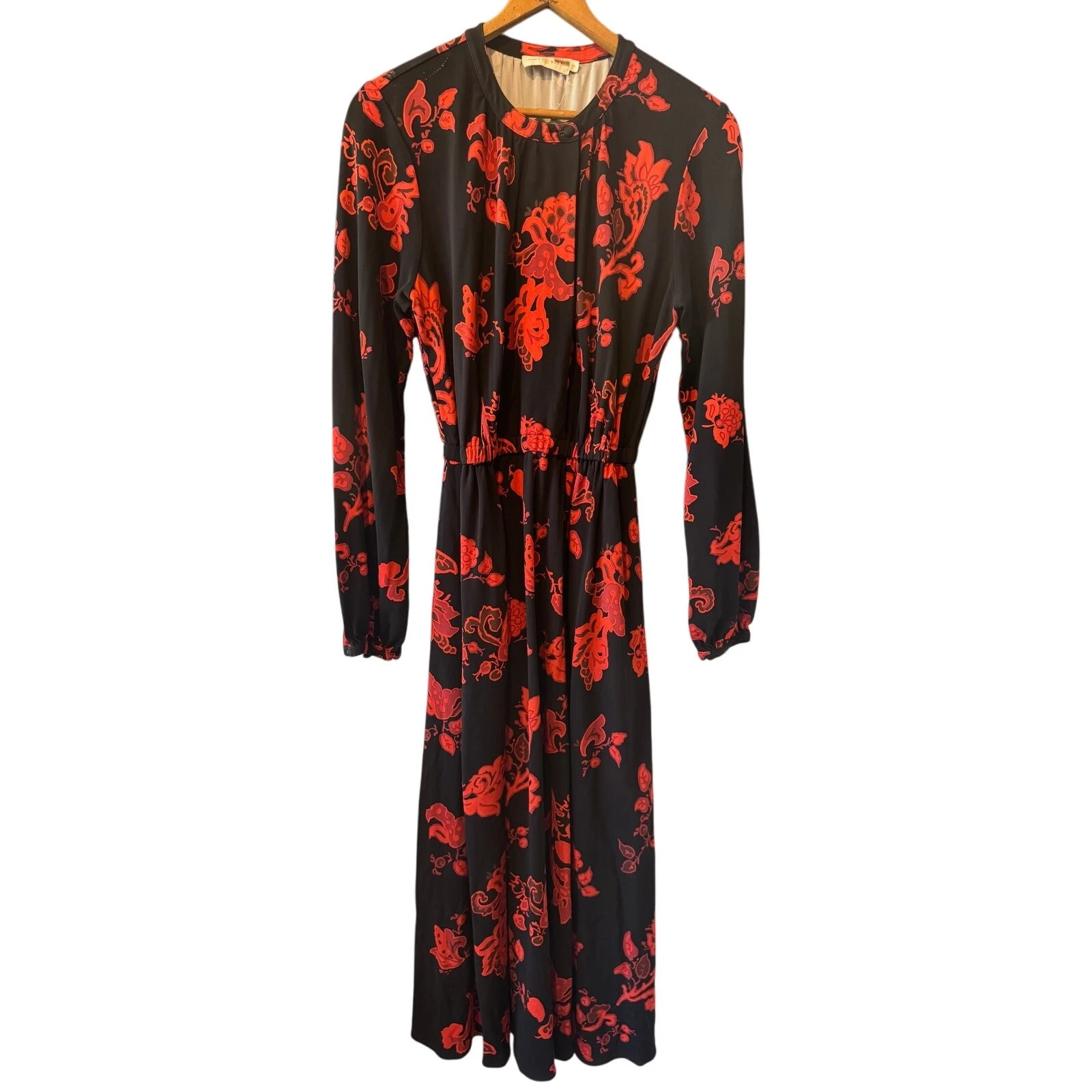 Tory Burch Abito lungo midi nero + rosso stampa floreale Taglia S