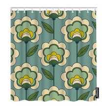 AOYEGO Retro Green Flowers Fabric Shower Curtain with Hooks Seventies Sixties...