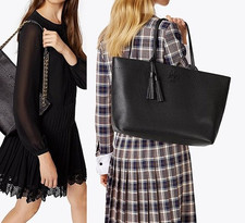 Tory Burch Black Pebbled Leather McGraw Double T Logo Tassel Tote Purse