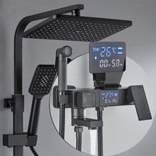 LED Exposed Bathroom Shower Mixer Twin Head Large Bar Set Square Valve Black Tap