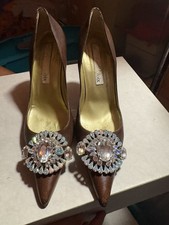 Christian Lacroix Brown Leather Crystal Pointy Toe Pumps Shoes 38.5 Pre Owned