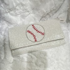 White Beaded Sparkly Baseball Motif Clutch with Gold Chain Detachable Strap