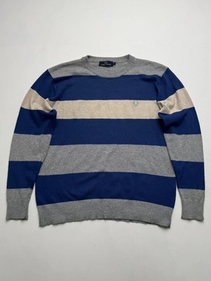 Fred Perry Vintage Mens Crewneck Sweater Blue Gray Striped Wool Blend Pullover L