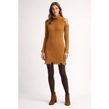 No Comment NYU Womens L Mustard Raw Edge Turtleneck Sweater Dress NEWT Western