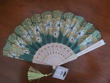 Folding Hand Fan Vintage 1990's Green  Gold With White Flowers New With Tag