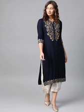 Kurta Women Navy Blue Paisley Floral Embroidery Kurta Set