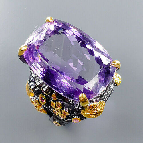 Natural Amethyst + Sapphire Ring Silver 925 Sterling AA color gem 45ct Size 8 - Picture 1 of 5