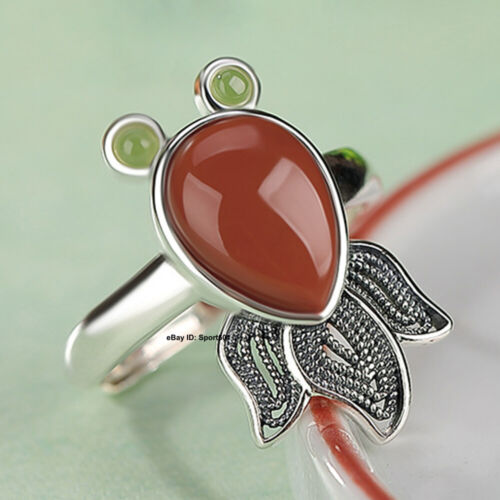 S925 Sterling Silver Red Agate Drop Lovely Goldfish Band Ring Adjustable - Picture 1 of 5