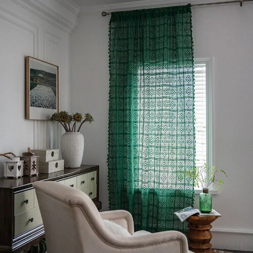Boho Strick Aushöhlen Fenstergardine Landhaus Retro Häkel Transparent Gardinen - Bild 9 von 25