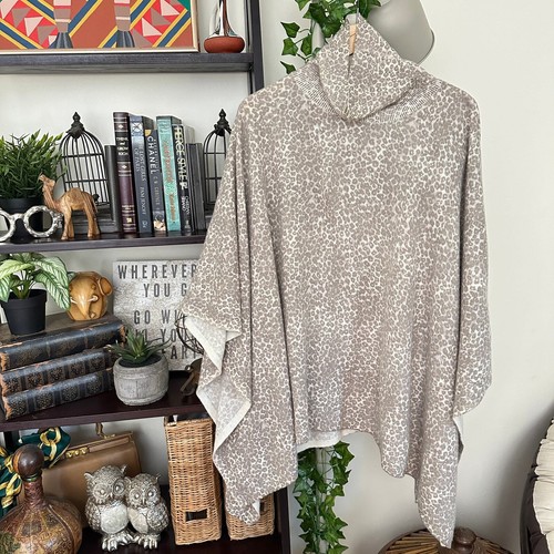 J. MCLAUGHLIN 100% Kaschmir Rollkragen Poncho Pullover Leopard Animal grau {U45}