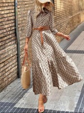 Midi Dress Women’s Rule Print Shirt Collar Button Up 3/4 Sleeve Dress 