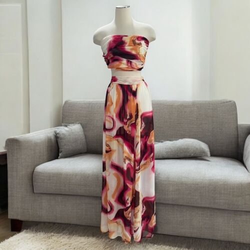 Steps New York Abstract Print Two Piece Maxi Skirt And Bandeau Set Boho Chic