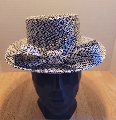 Wearable Vintage Frank Olive Neiman Marcus Straw Wide Brim Black Polka Dot Bow Women main image 3