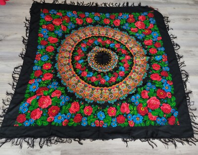 Authentic Pavlovo posad 100% Wool Black Roses Huge Shawl Fringe 146×146 New