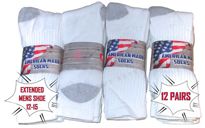 12 Pairs Big Mens Extended Size 12-15 Soft Cotton Blend White Crew Socks US Made