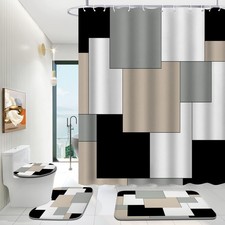 4 Piece Grey Bathroom Set, Shower Curtain, 12 Hooks, Rugs, Bath Mat, Geometric