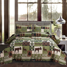 3 Pcs Cabin Bedding Quilt Full/Queen Size Lodge Moose Bear Quilt Set Green Brown