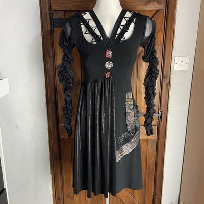 Save The Queen schwarzes gerafftes Netz Langarm einzigartiger Knopf Gothic Kleid Gr. M