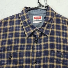 Wrangler Shirt Mens L Blue Brown Plaid Flannel Flex Comfort Western Farm Outdoor