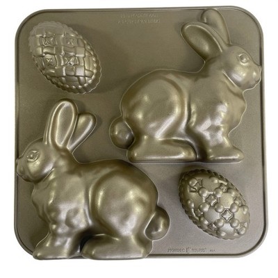Nordic Ware Easter Bunny & Egg Cakelet Pan Gold Cast Aluminum 4 Cavity Bakeware