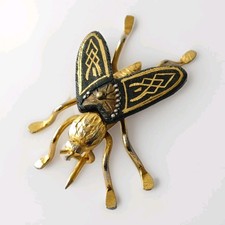 Vintage Bug Brooch Damascene Fly Insect Black Gold tone Toledo Spain Rare