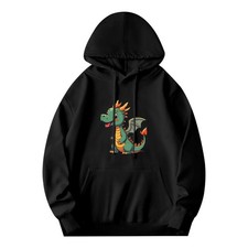 Men's Long Sleeve Hoodie Pullover Sweatshirt with Cartoon Dragon Design - Green