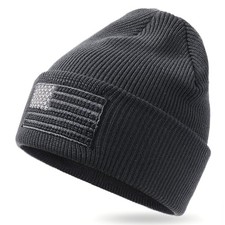 American Flag Embroidered Knit Cuffed Beanie for Men Women Tactical Black