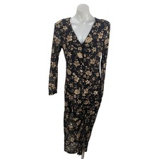 Dress Forum Black Beige Floral Long Sleeve Faux Wrap Surplice Midi Dress Size L