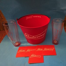 Budweiser Beer  Glasses x2 and Ice Bucket Set With 5 Coasters